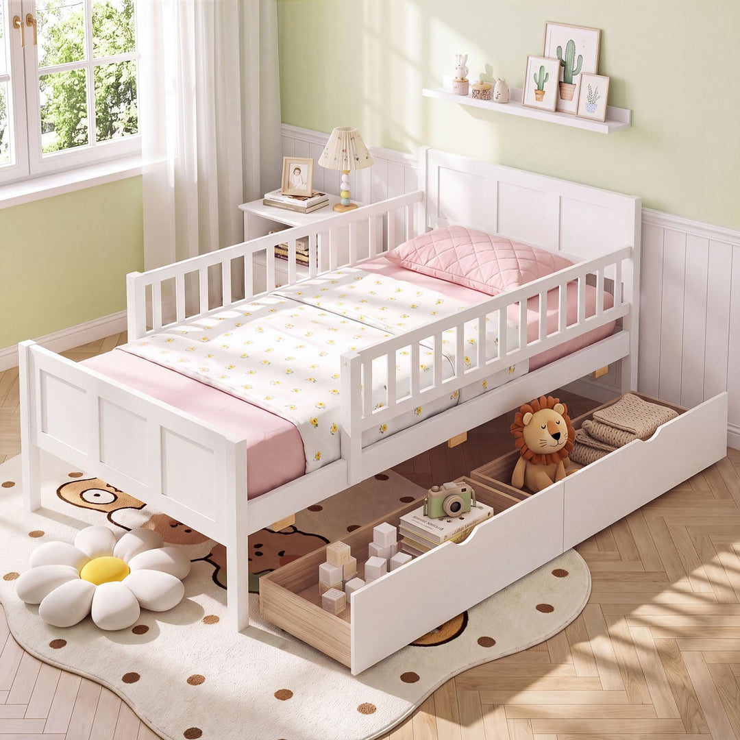 GIANTEX Full/Twin Size Bed Frame with 2 Storage Drawer &amp; Guardrails for Kids