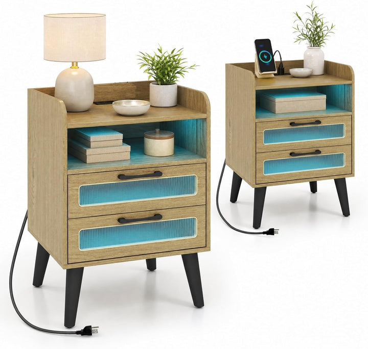 GIANTEX Fluted Nightstand with Charging Station &amp; LED Lights