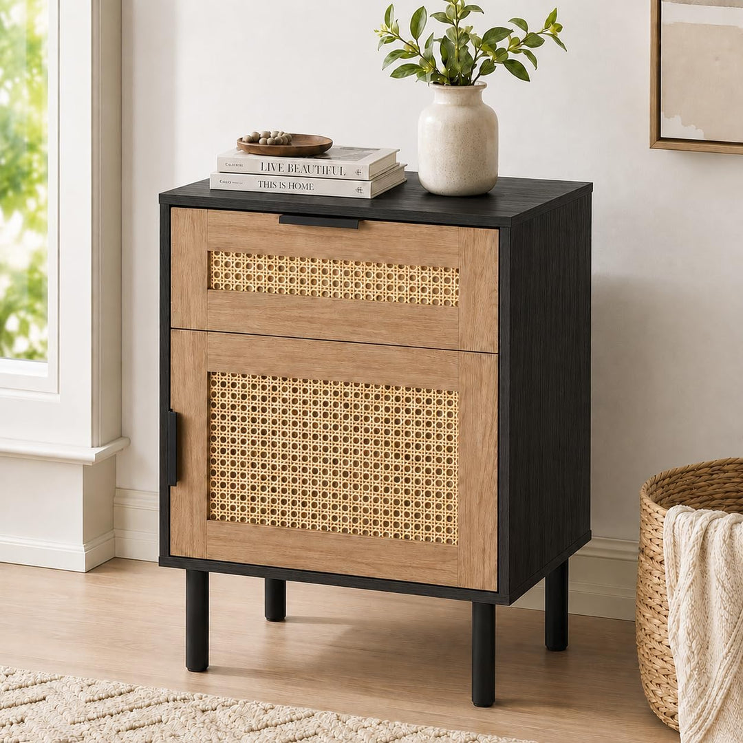GIANTEX Rattan Nightstand with Drawer &amp; Cabinet, End Table