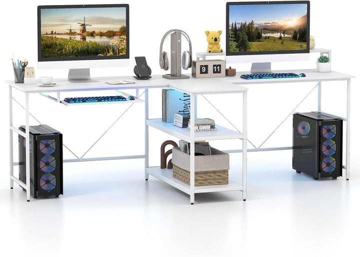 Giantex 94.5” 2 Person Desk with LED Lights, Long PC Study Desk with Storage Shelves, Power Outlets