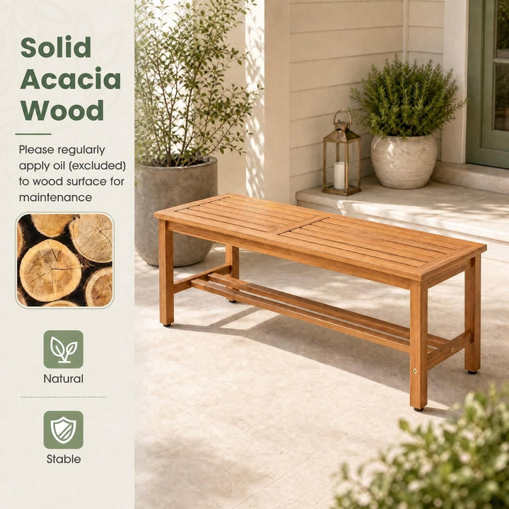 Giantex Outdoor Wooden Bench 2-Person Patio Bench w/Slatted Seat | Acacia Wood Garden Bench with Adjustable Foot Pads for Porch