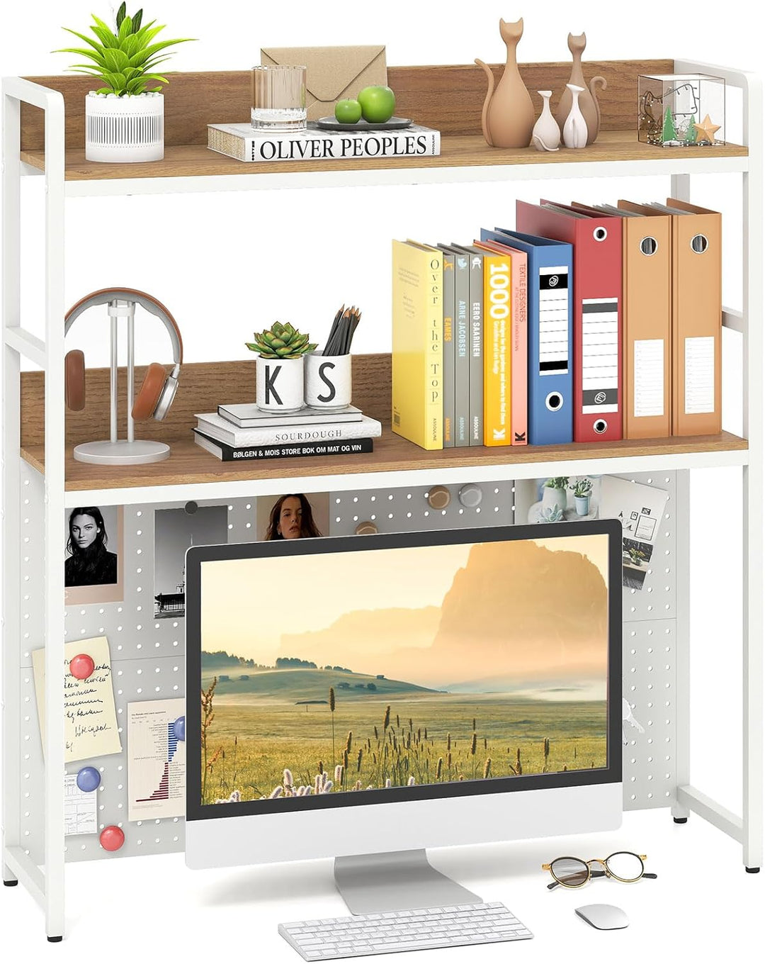 Giantex 2-Tier Desk Hutch Dorm with Pegboard for up to 32" Computer Monitor