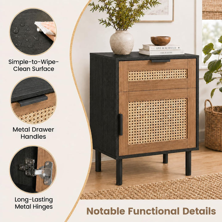 GIANTEX Rattan Nightstand with Drawer &amp; Cabinet, End Table