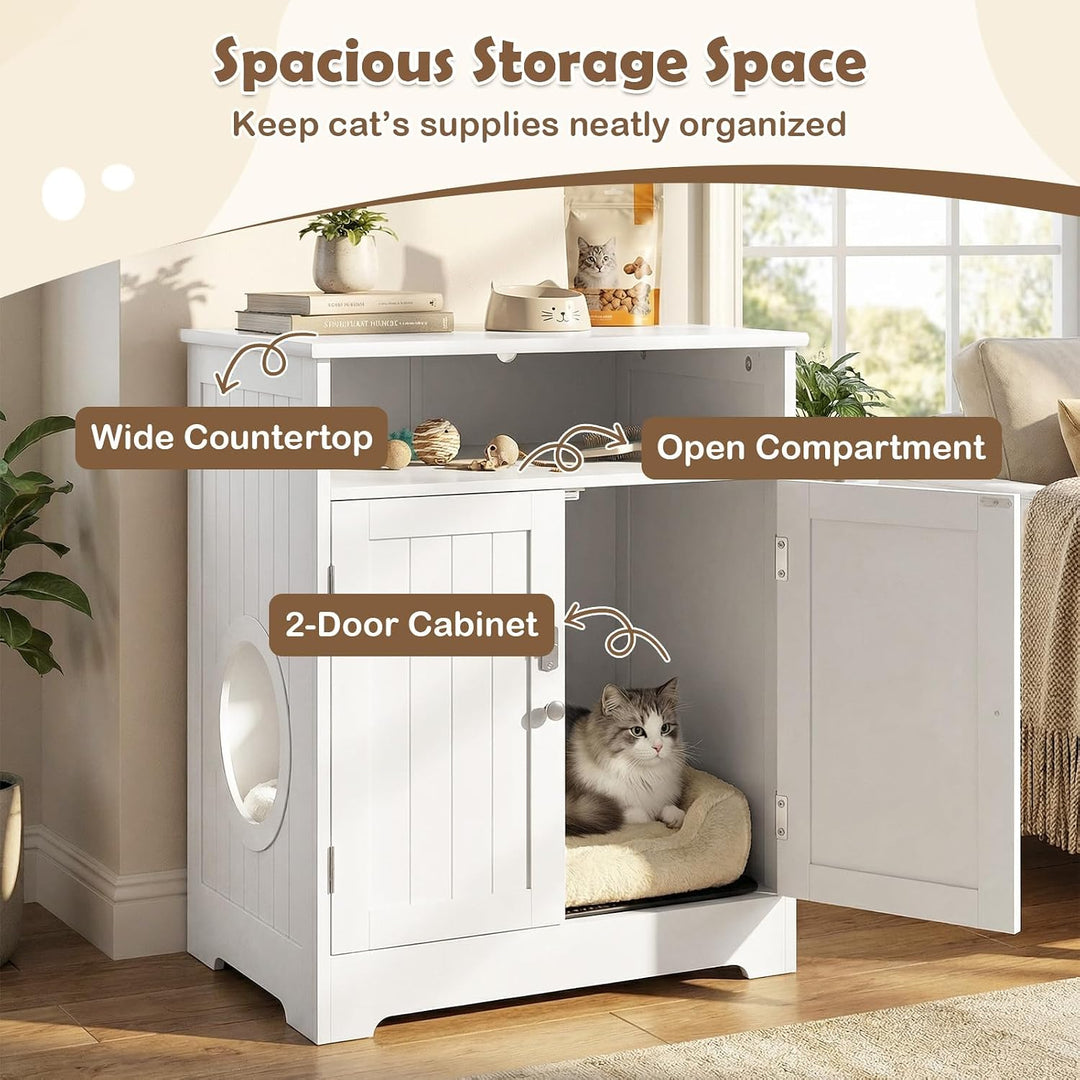 GIANTEX Cat Litter Box Enclosure, Hidden Litter Box Furniture with Mat | Wooden Kitty Washroom Cabinet