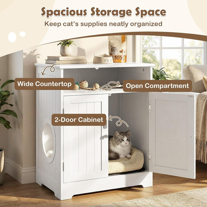 GIANTEX Cat Litter Box Enclosure, Hidden Litter Box Furniture with Mat | Wooden Kitty Washroom Cabinet