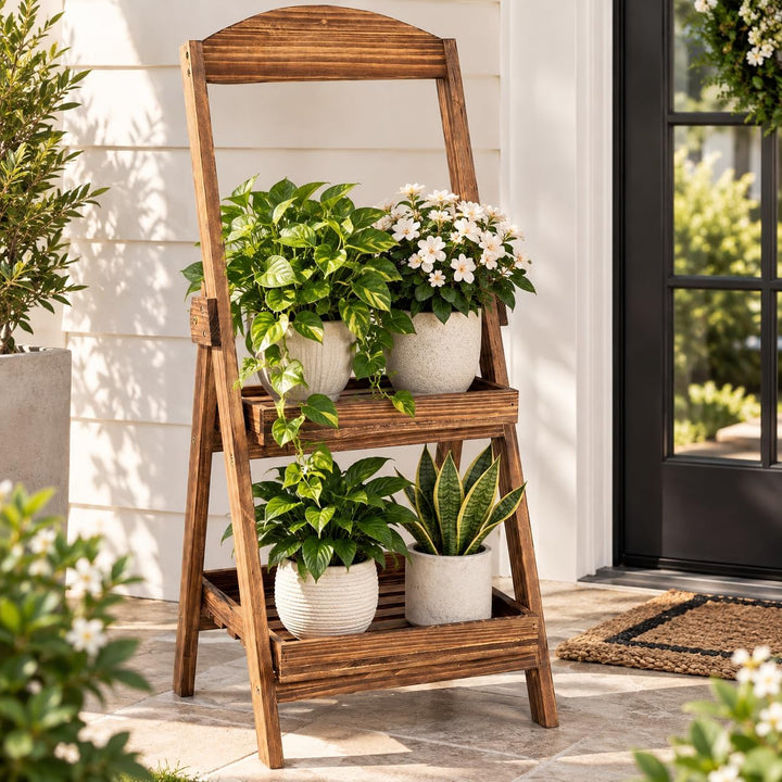 GIANTEX 2-Tier Ladder Plant Stand, Fir Wood Flower Pot Shelf, Rustic Brown