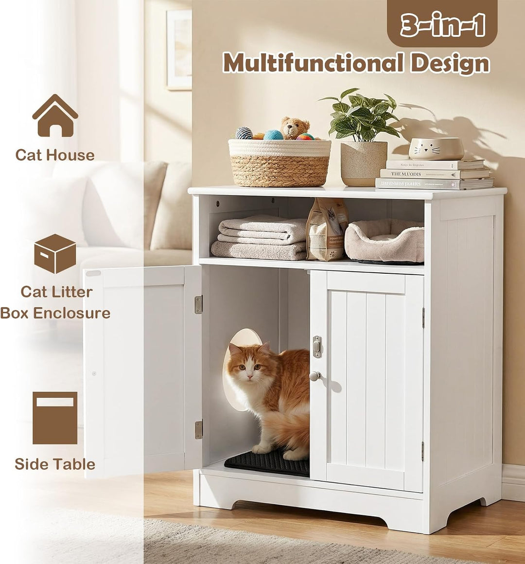GIANTEX Cat Litter Box Enclosure, Hidden Litter Box Furniture with Mat | Wooden Kitty Washroom Cabinet