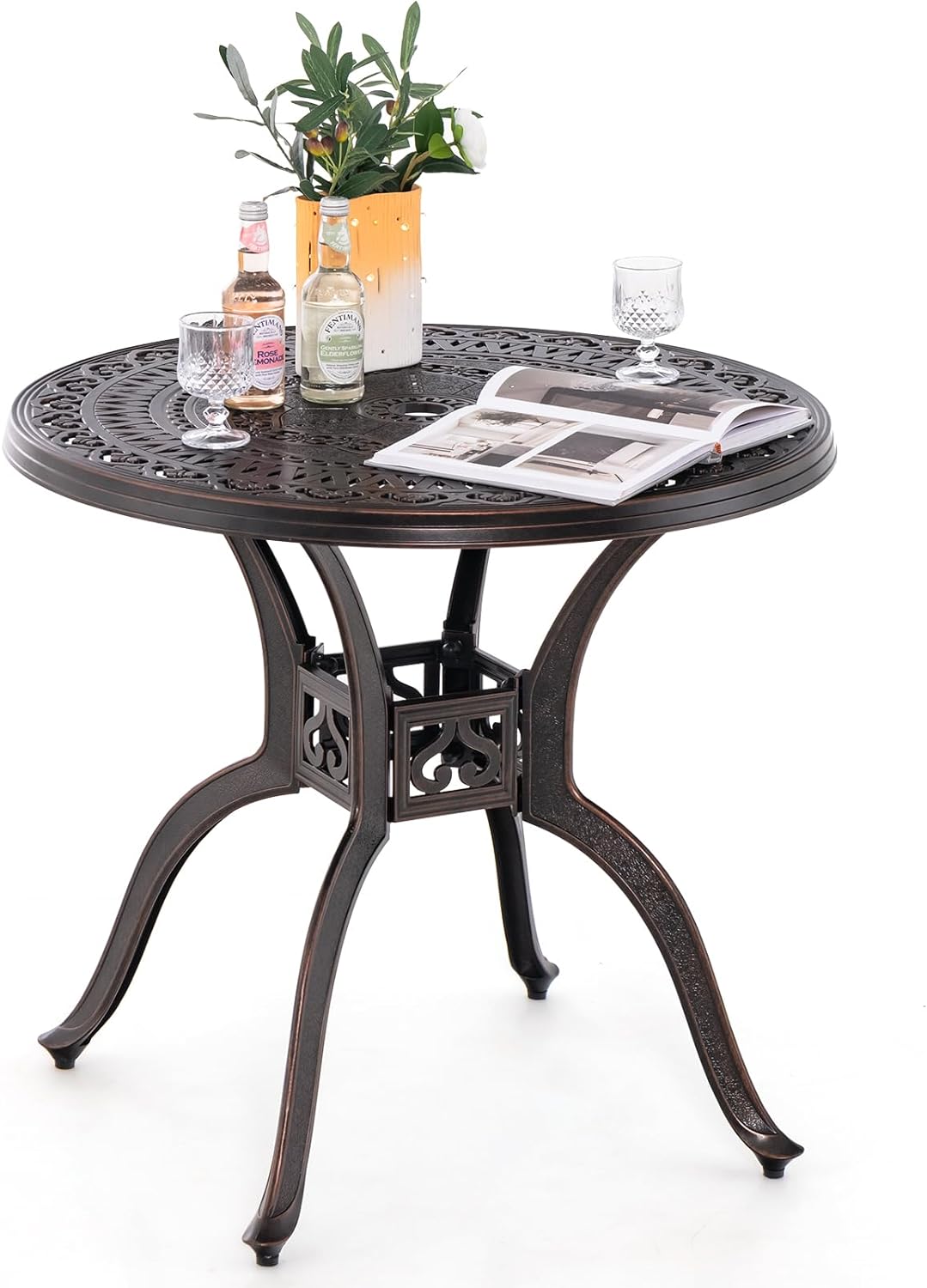 Giantex 31.5" Patio Bistro Table, Cast Aluminum Table Side Table with 2" Umbrella Hole & Adjustable Footpads