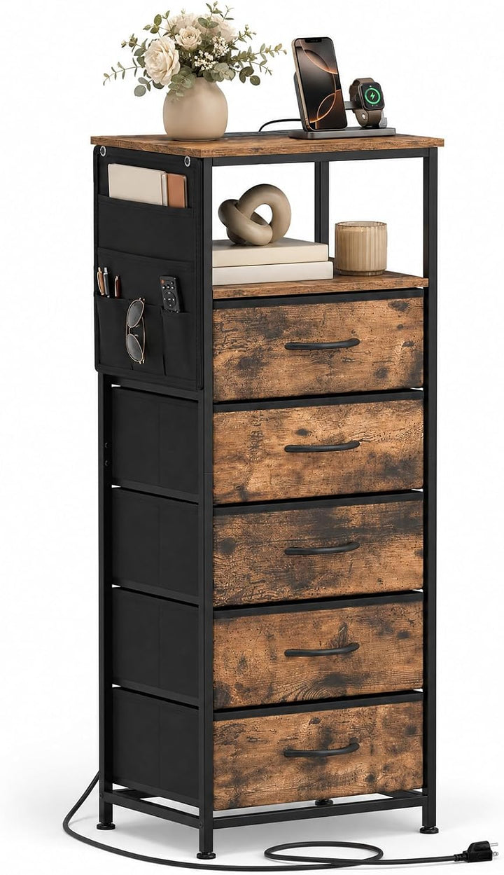 GIANTEX Modern 39" Bedside Table with Integrated Charging Station &amp; 5 Fabric Drawers (1/2)