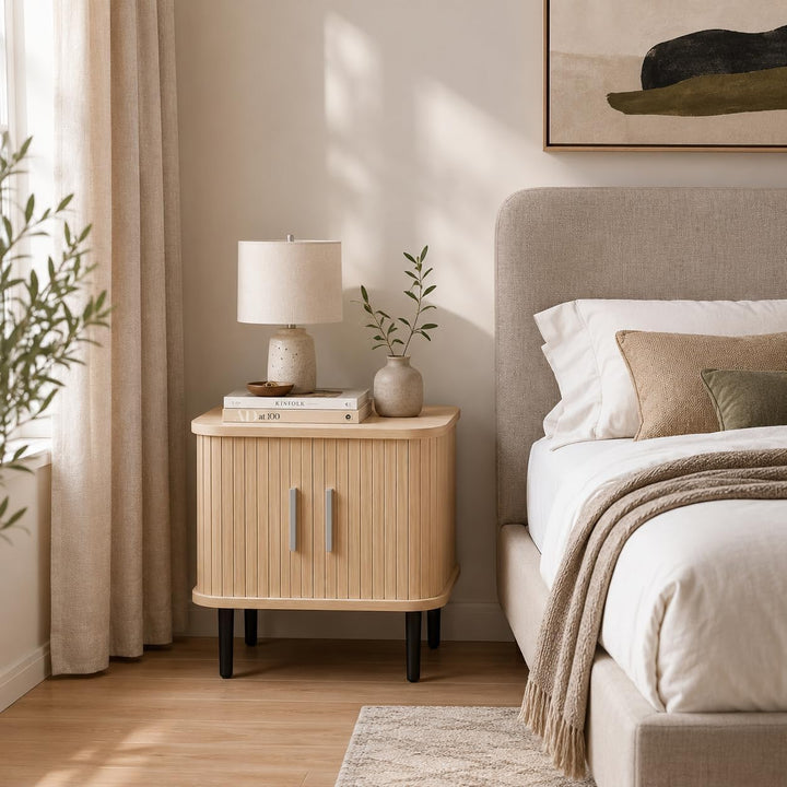GIANTEX Fluted Nightstand with Sliding Doors &amp; Adjustable Shelf