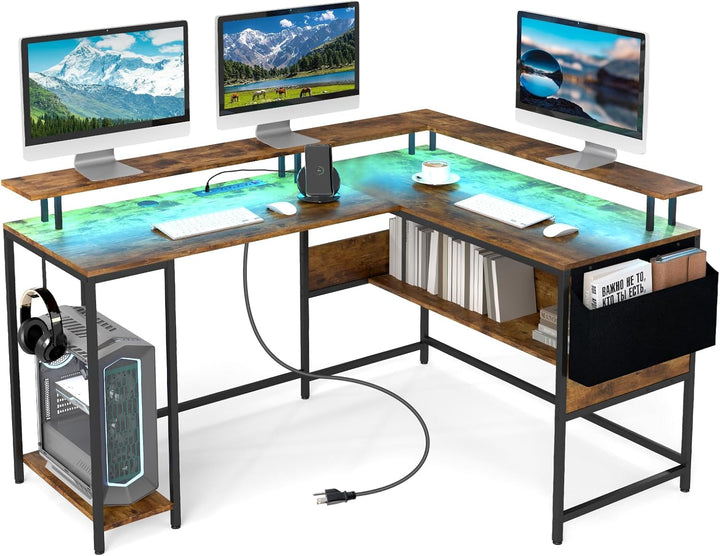 Giantex L Shaped Desk with LED Light & Power Outlets Ergonomic Home Office Desk