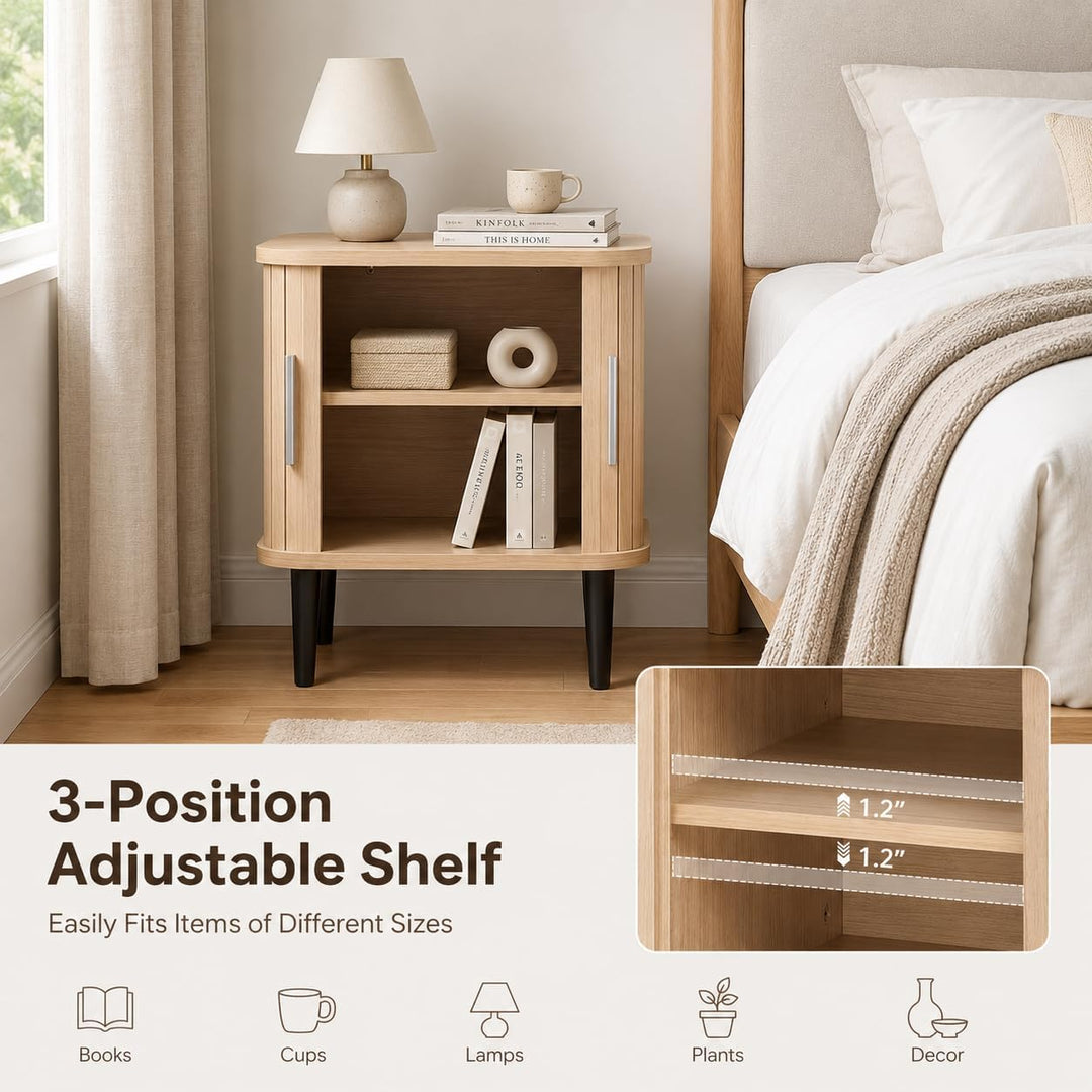 GIANTEX Fluted Nightstand with Sliding Doors &amp; Adjustable Shelf