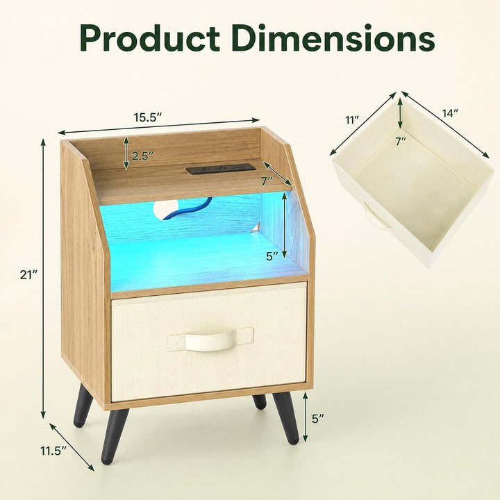 GIANTEX Modern LED Nightstand w/Charging Station &amp; Fabric Drawer