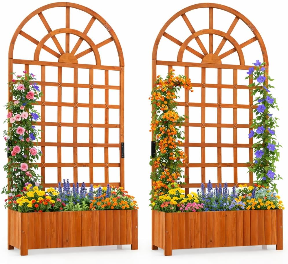 Giantex Wooden Raised Garden Bed with Trellis 71" Outdoor Planter Box Privacy Screen