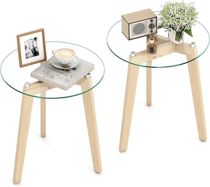 Giantex Glass Round Side Table w/Tempered Glass Top & Rubber Wood Frame