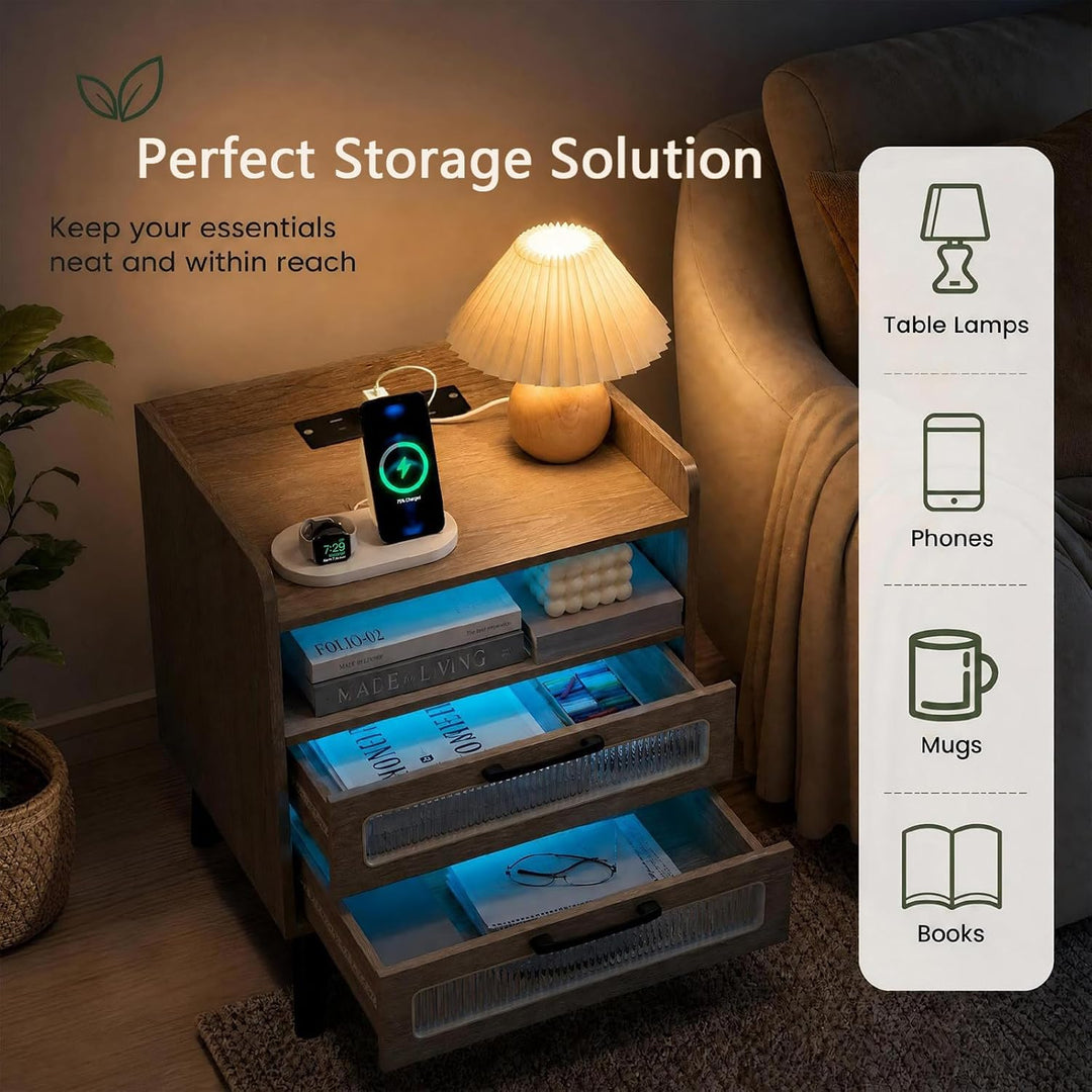GIANTEX Fluted Nightstand with Charging Station &amp; LED Lights