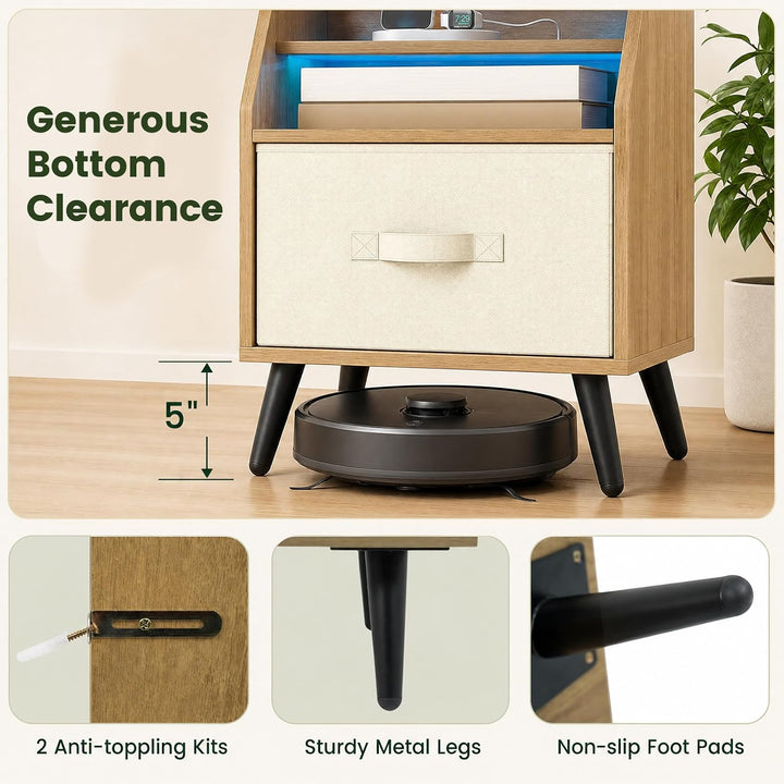 GIANTEX Modern LED Nightstand w/Charging Station &amp; Fabric Drawer