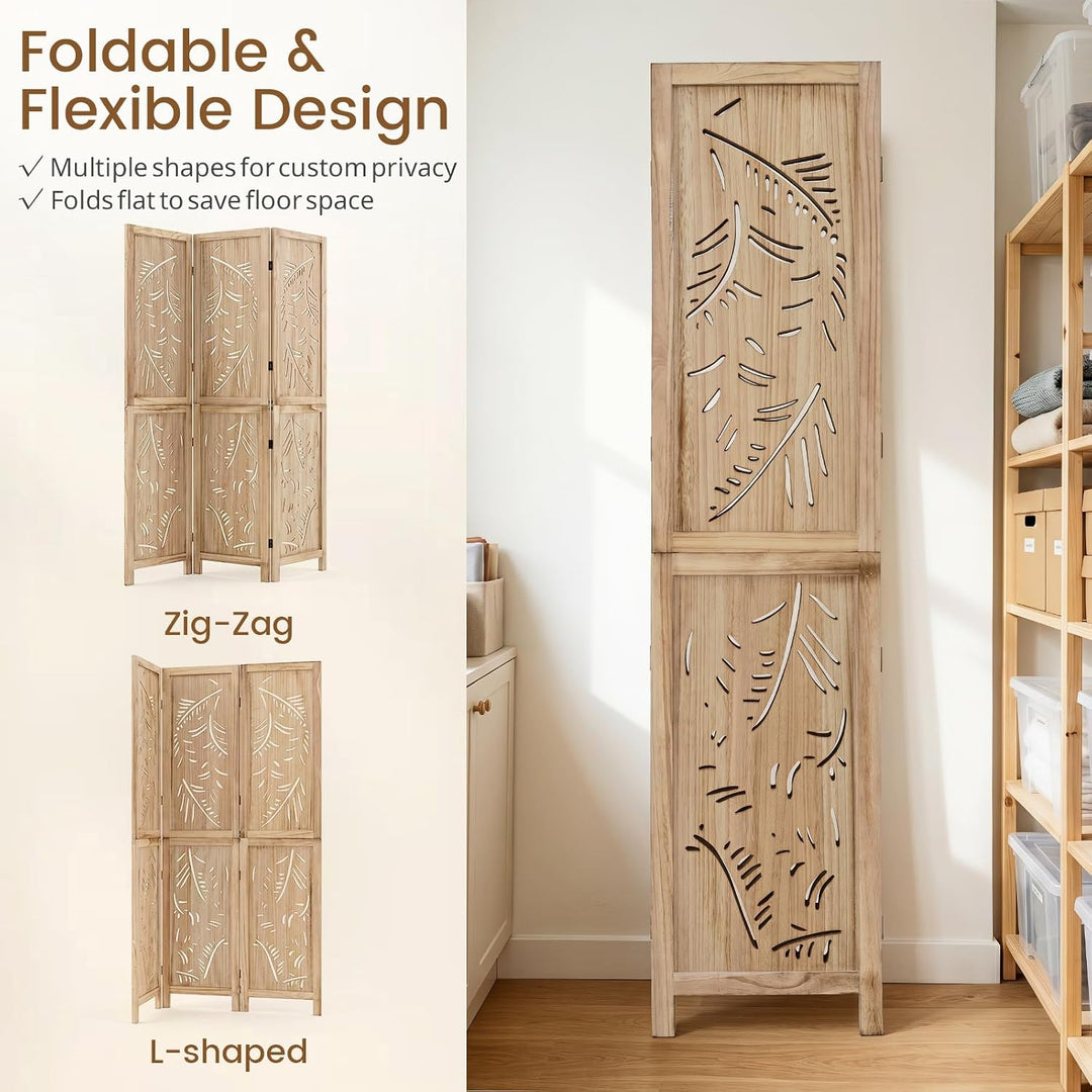 GIANTEX 3 Panel Boho Room Divider with Carved Palm Leaf Pattern