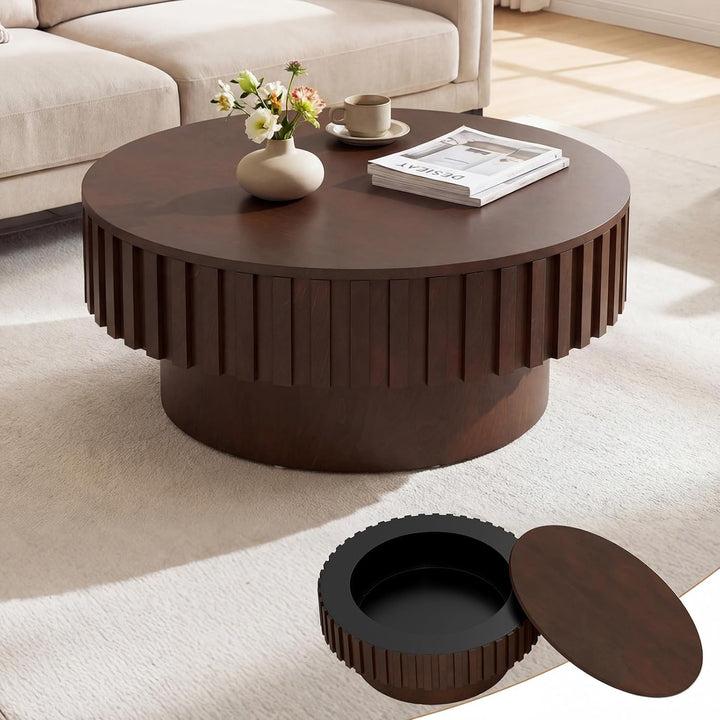 Giantex Round Coffee Table with Storage | Modern Drum Fluted Center Table with Solid Wood Veneered
