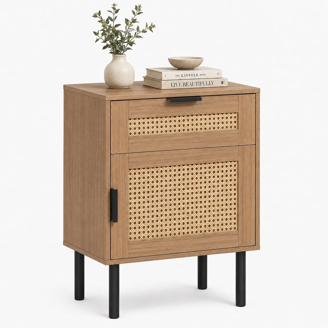GIANTEX Rattan Nightstand with Drawer &amp; Cabinet, End Table