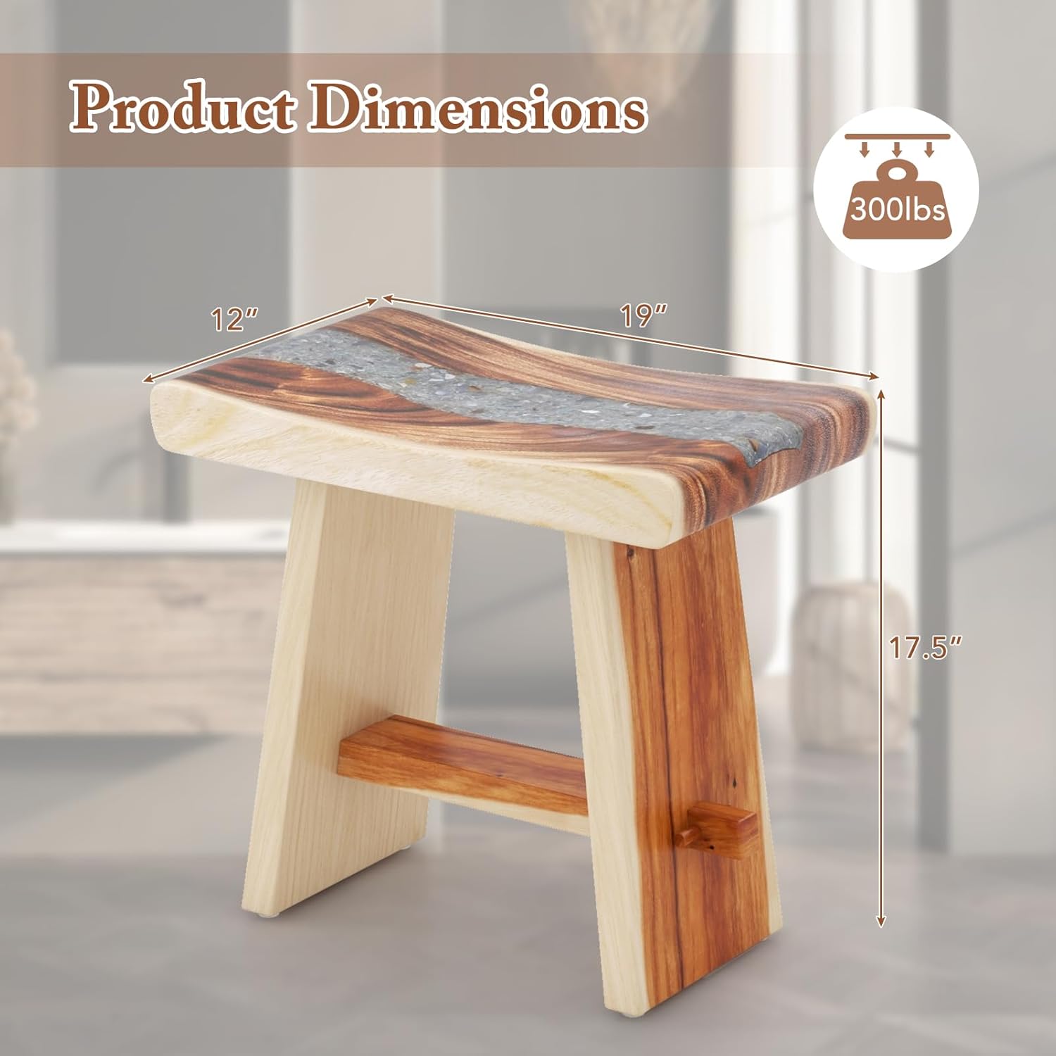 Giantex Teak Shower Bench, Fully Assembled Teak Shower Stool with Epoxy Resin Decoration and Curved Seat