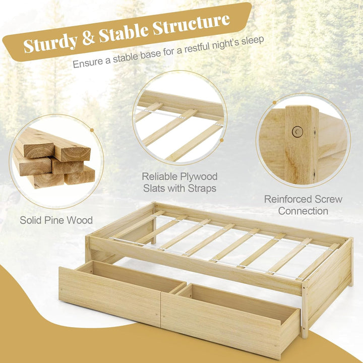 Giantex Bed Frame with 2 Storage Drawers, Solid Wood Platform Bed with Slats Support