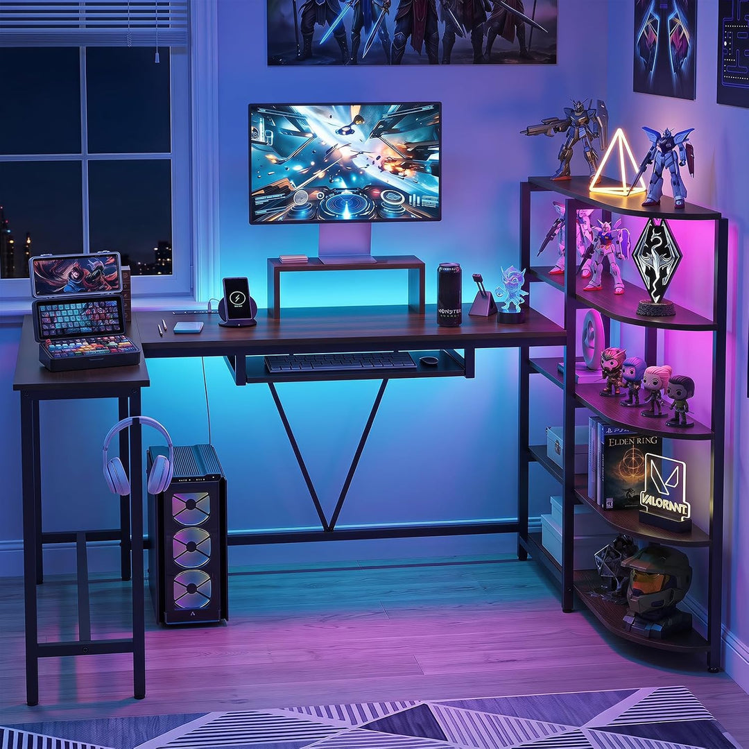 GIANTEX 63" U-Shaped Computer Desk with 5-Tier Bookshelf | Large Office Desk with Power Outlets