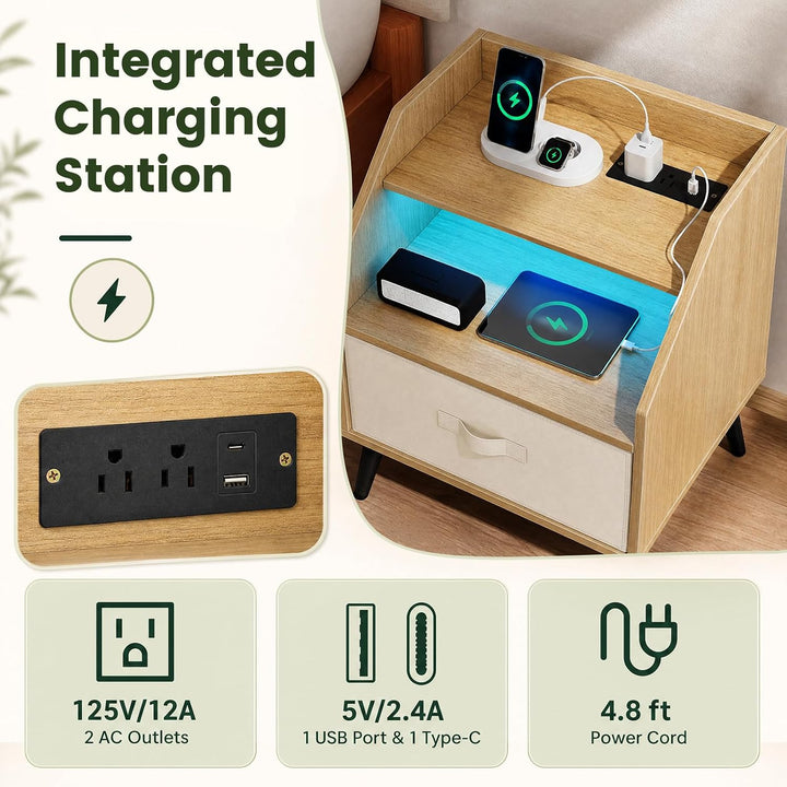 GIANTEX Modern LED Nightstand w/Charging Station &amp; Fabric Drawer
