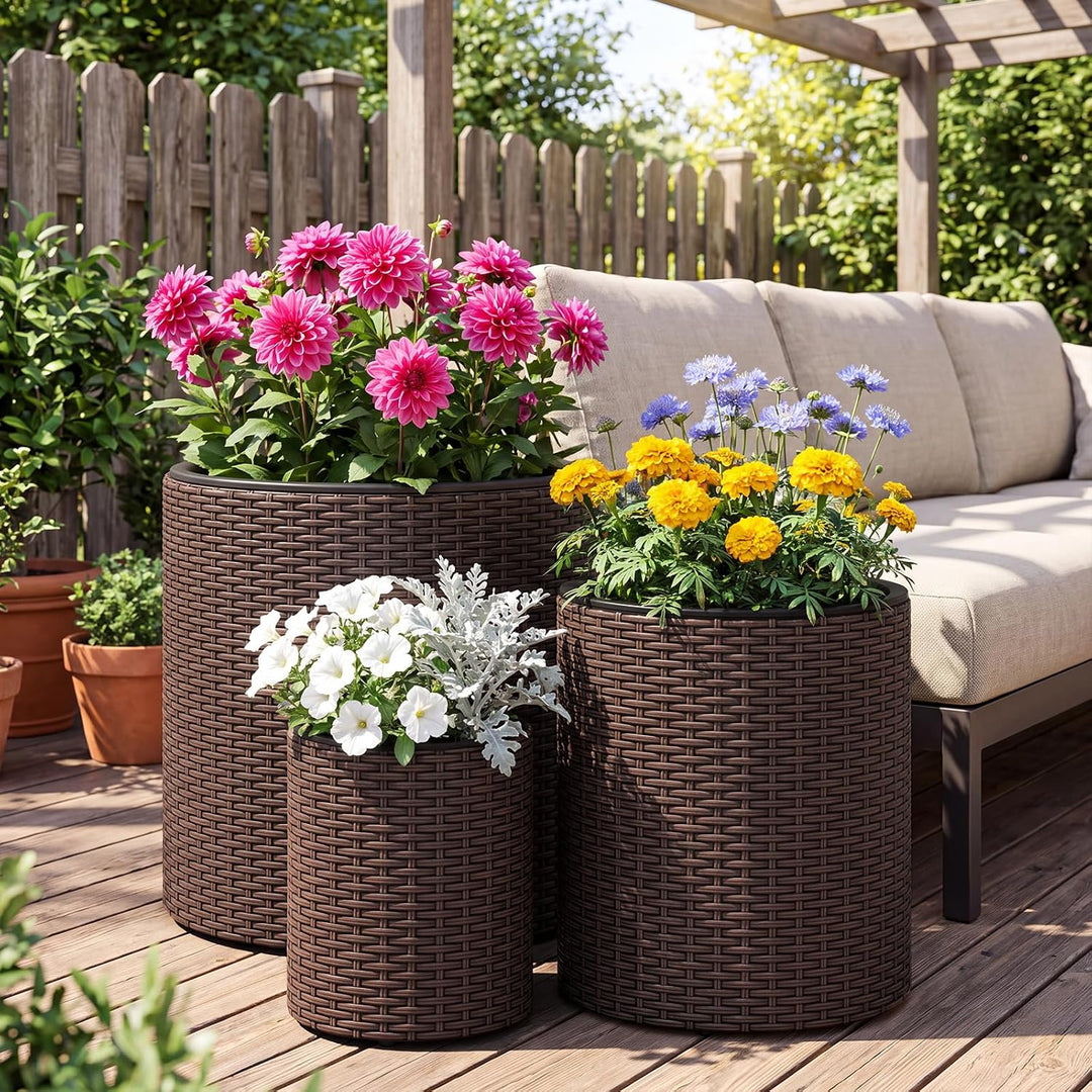 GIANTEX Set of 3 Rattan Planters Flower Pot Set