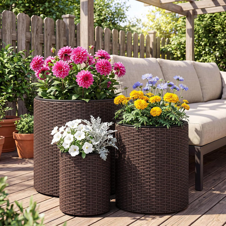 GIANTEX Set of 3 Rattan Planters Flower Pot Set