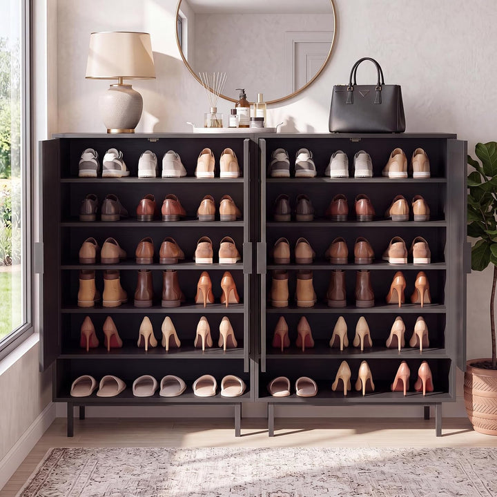 Giantex 6-Tier Shoe Cabinet, 43" Tall Hidden Shoe Storage w/Doors | Freestanding Wooden Shoe Storage Cabinet with Adjustable Shelves &amp; Open Compartment for Hallway Entryway Living Room &amp; Closet