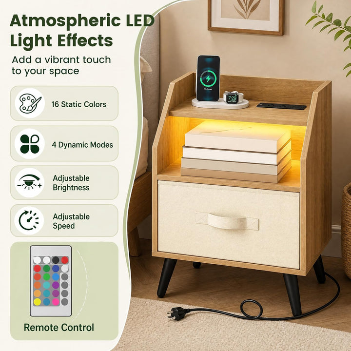GIANTEX Modern LED Nightstand w/Charging Station &amp; Fabric Drawer