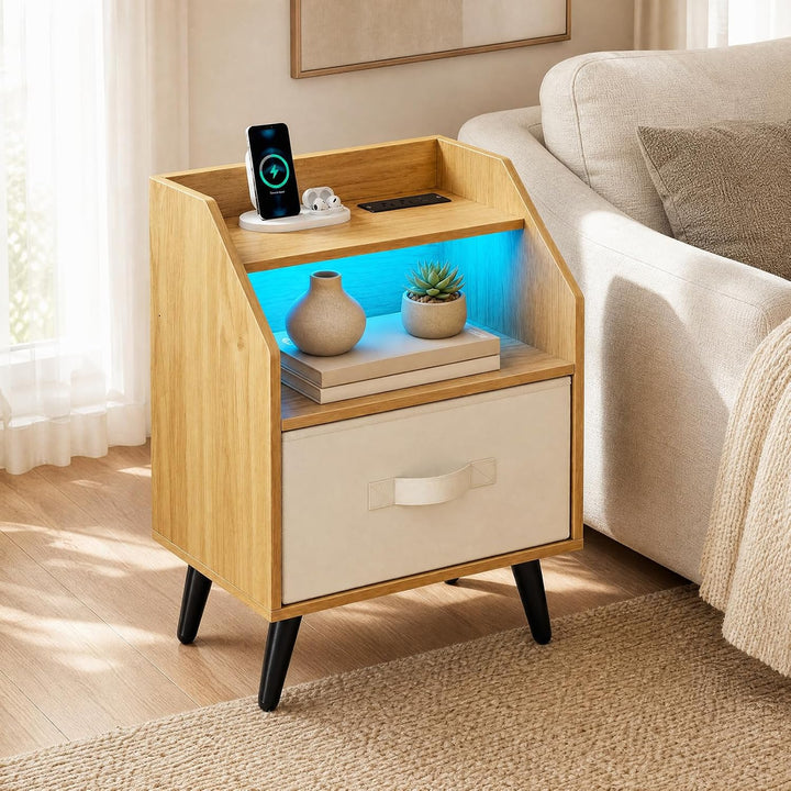 GIANTEX Modern LED Nightstand w/Charging Station &amp; Fabric Drawer