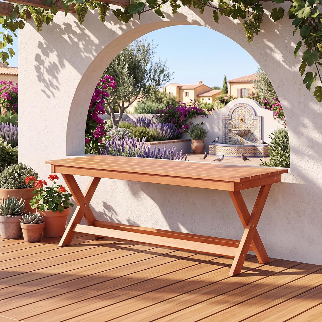 Giantex Outdoor Wooden Bench Backless Patio Bench with Slatted Seat | Wooden Garden Bench with X-Shaped Legs