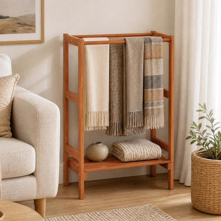 GIANTEX 3-Bar Wood Towel Rack Freestanding with Bottom Storage Shelf | Wooden Towel Drying Stand