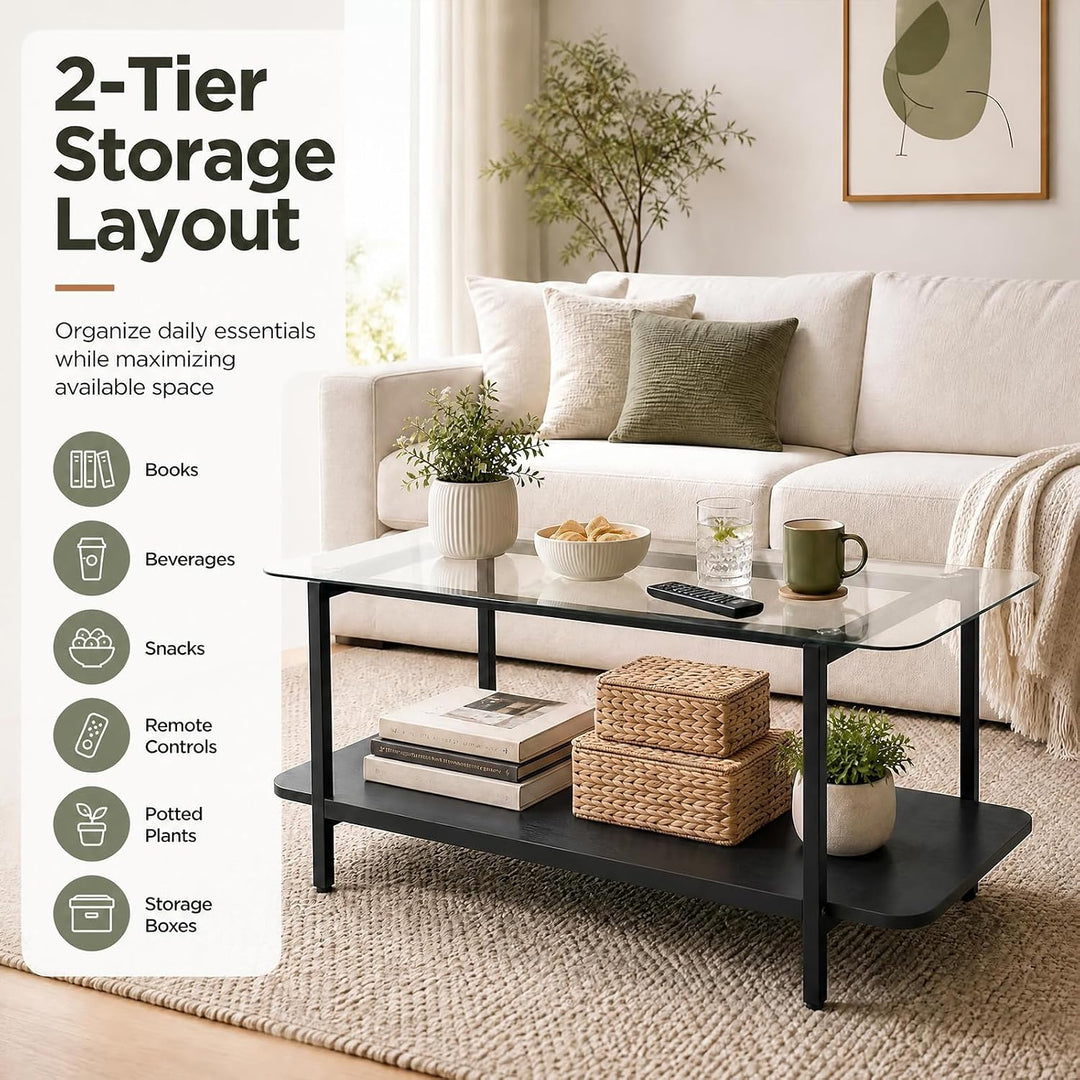 GIANTEX 37.5" Glass Coffee Table 2-Tier Center Table with Storage