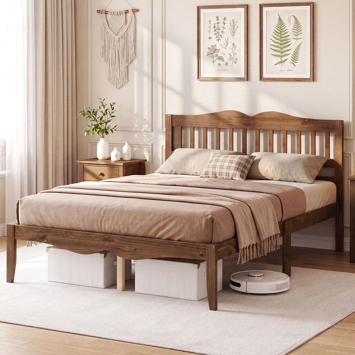 GIANTEX Full/Queen Size Wooden Bed Frame with Slatted Headboard