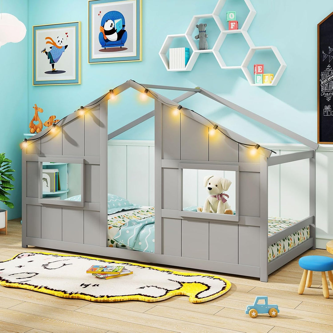 Giantex Twin Kids House Bed with Light Bulbs Wooden Montessori Floor Bed Frame with Roof & Windows