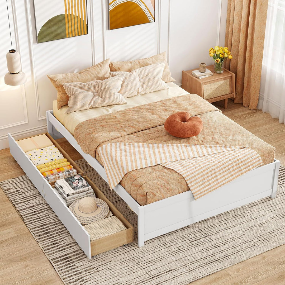 Giantex Bed Frame with 2 Storage Drawers, Solid Wood Platform Bed with Slats Support