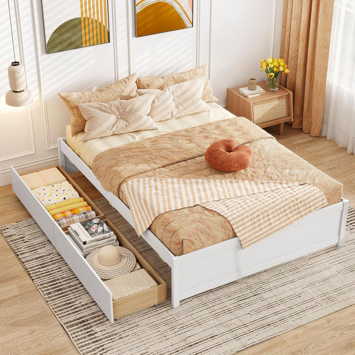 Giantex Bed Frame with 2 Storage Drawers, Solid Wood Platform Bed with Slats Support