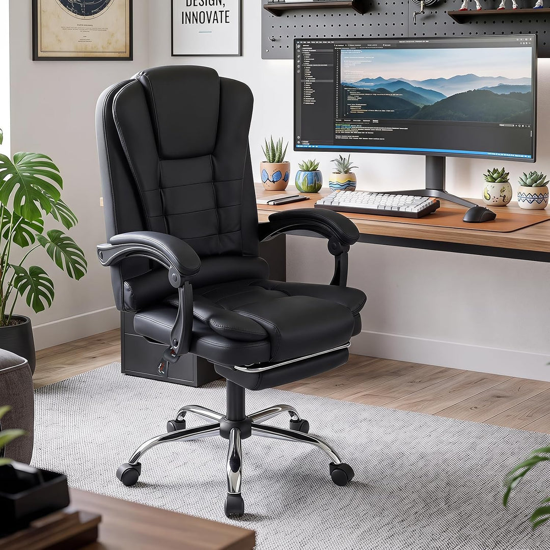 GIANTEX Massage Office Chair, Comfy Desk Chair with Foot Rest, Black | Executive Chair with Adjustable Reclining Backrest