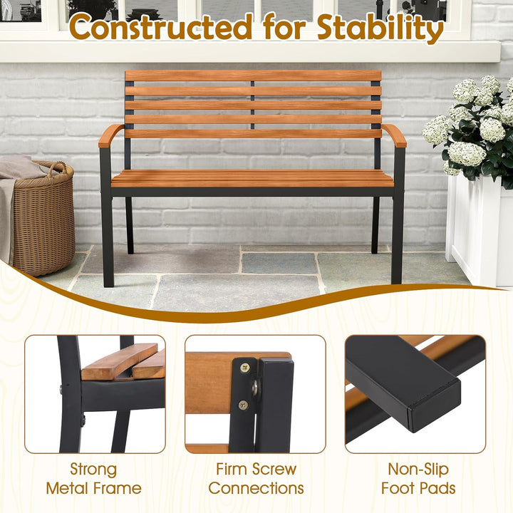 Outdoor Bench, Acacia Wood Patio Loveseat with Slatted Backrest & Seat, Armrests