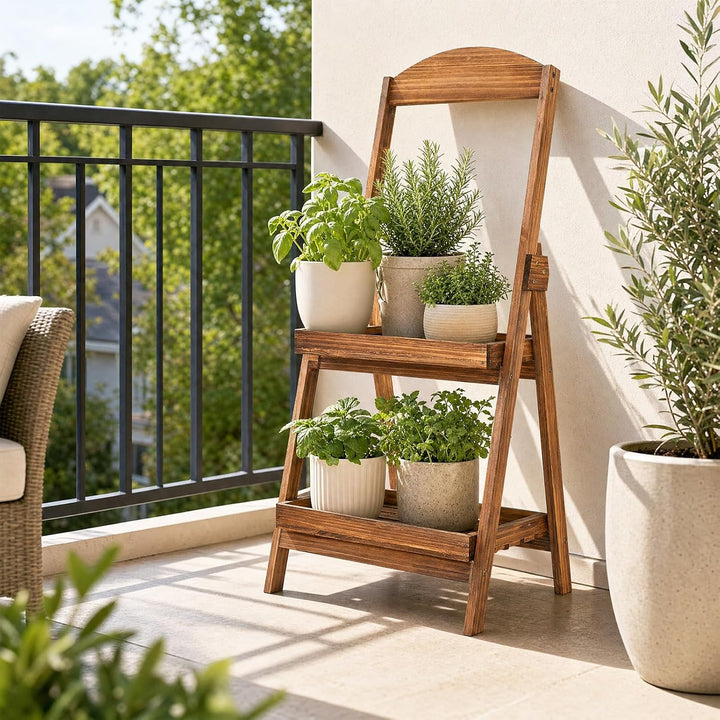 GIANTEX 2-Tier Ladder Plant Stand, Fir Wood Flower Pot Shelf, Rustic Brown