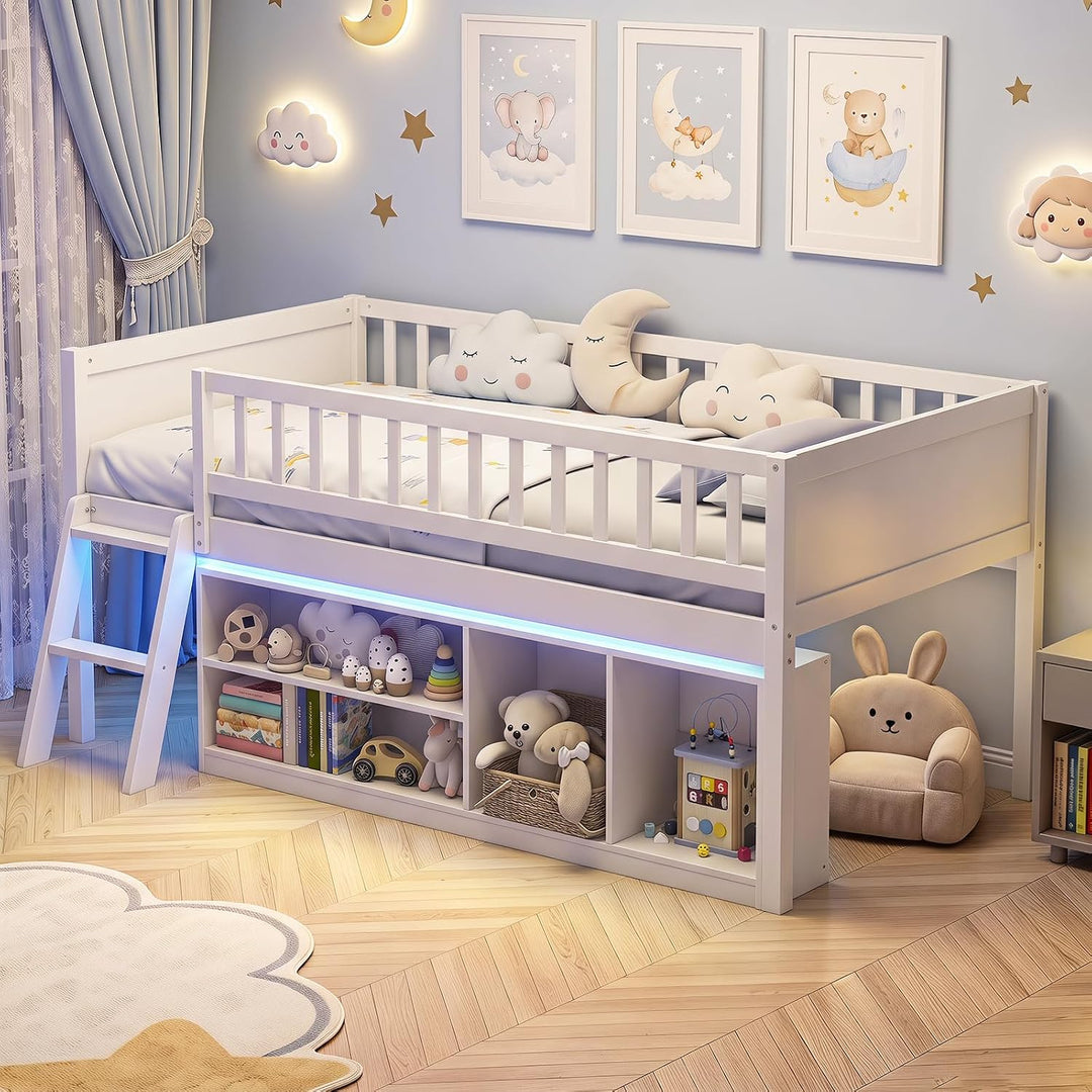 GIANTEX Low Loft Bed Twin Size with LED Lights