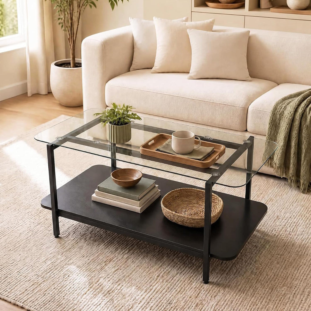 GIANTEX 37.5" Glass Coffee Table 2-Tier Center Table with Storage