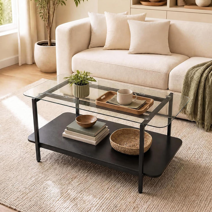 GIANTEX 37.5" Glass Coffee Table 2-Tier Center Table with Storage