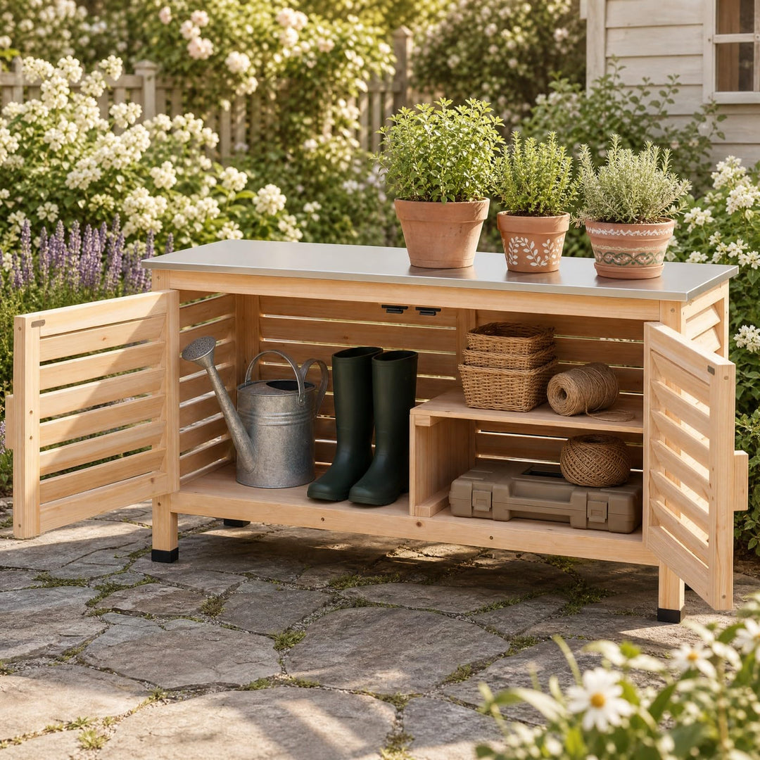Giantex 2-Door Fir Wood Outdoor Cabinet with Stainless Steel Countertop