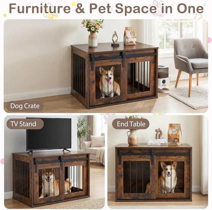 GIANTEX 31.5" Dog Crate Furniture with Sliding Barn Door, Wooden Dog Kennel | Heavy Duty Wood Pet Cage End Side Table