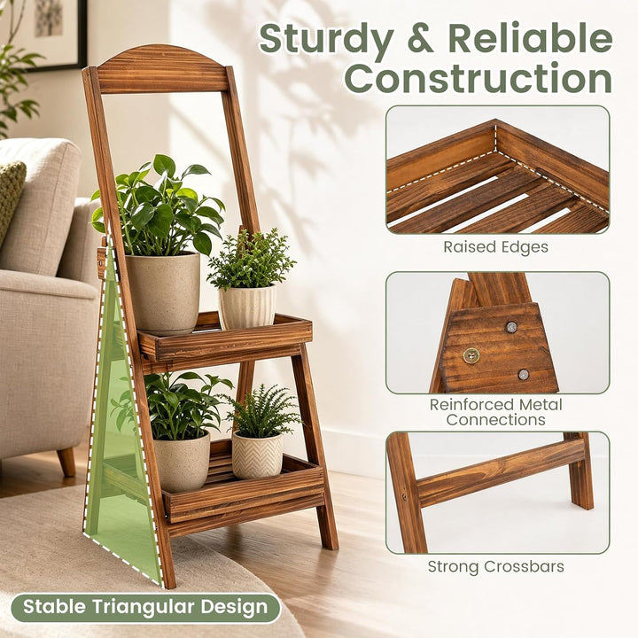 GIANTEX 2-Tier Ladder Plant Stand, Fir Wood Flower Pot Shelf, Rustic Brown