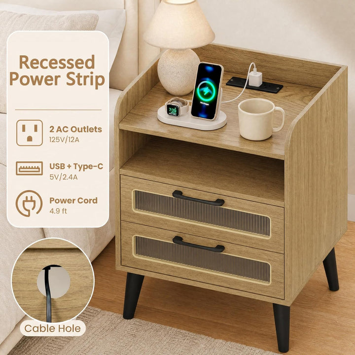 GIANTEX Fluted Nightstand with Charging Station &amp; LED Lights